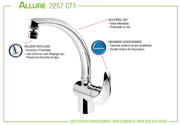 Torneira Misturador de Cozinha para Bancada Monocomando Allure Lorenzetti