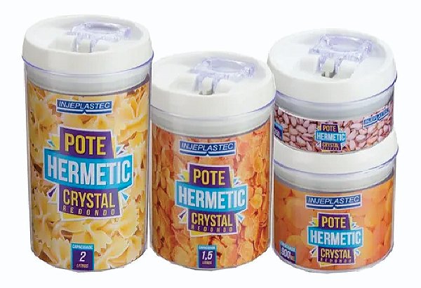 Kit com 4 Potes Herméticos de Acrílico Redondo Crystal com Tampa Branca