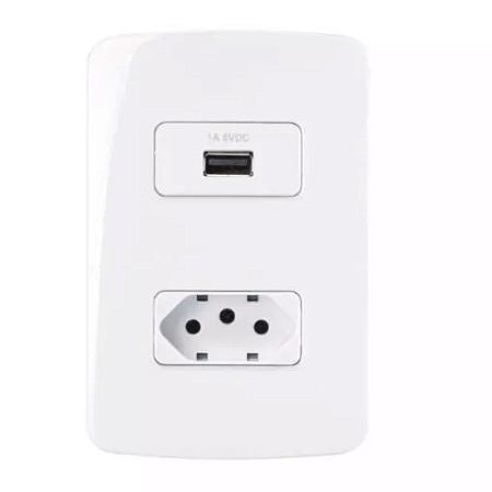 Placa 4x2 com 1 Carregador USB 1A Bivolt + 1 Tomada 2P+T 10A/250V