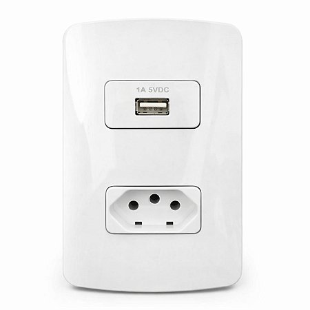 Placa 4x2 com 1 Carregador USB 1A Bivolt + 1 Tomada 2P+T 10A/250V
