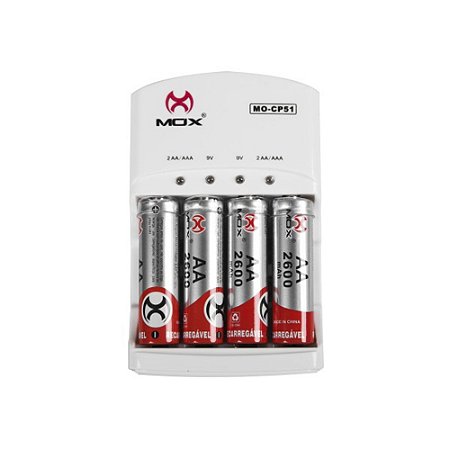 Carregador de Pilhas Auto Stop MO-CP51 Bivolt com 4 Pilhas AA