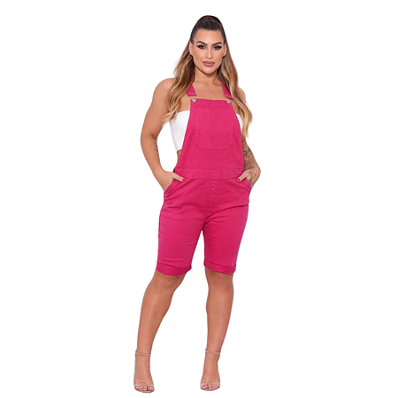 Macacão Jardineira Feminino Curto Rosa Chiclete Alleppo Jeans