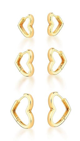 Kit 3 brincos de coração folheado a ouro