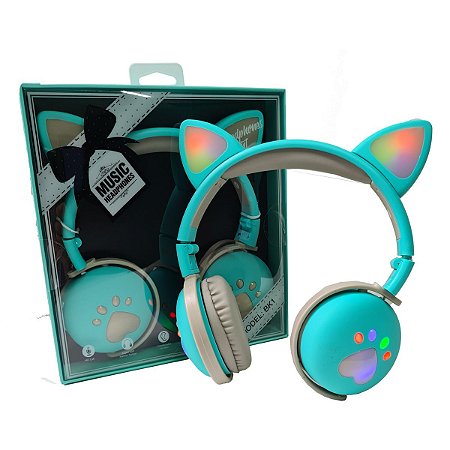 Fone De Ouvido Bluetooth LED Orelha Gato Infantil Headphone Verde aox