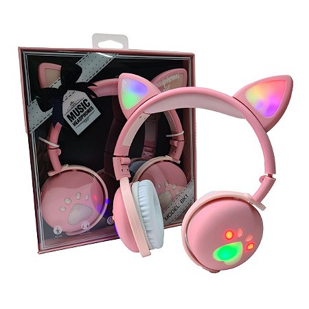 Fone De Ouvido Bluetooth Led Orelha Gato Infantil Headphone Rosa
