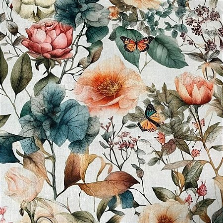 Tecido tricoline digital floral ref d6210 - 100% algodão 50cm x 150cm  Peripan