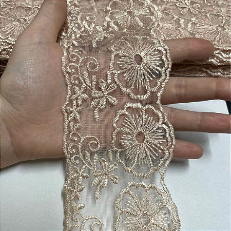 TULE BORDADO CRL-01 COR CHAMPAGNE 75MM POR METRO