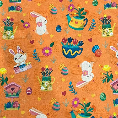 Tecido Tricoline Laranja Coelhos Páscoa 50cm x 150cm Ref V017 Peripan