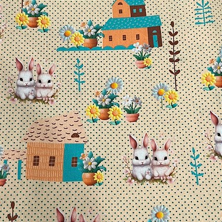 Tecido Tricoline Coelhos de Páscoa 50cm x 150cm Ref V021 Peripan