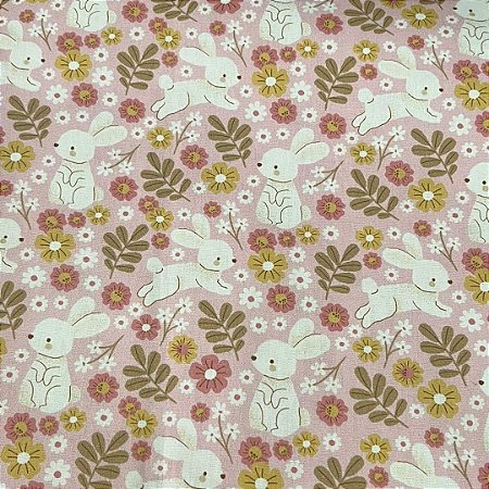 Tecido Tricoline Rosa Coelhos Páscoa 50cm x 150cm Ref V02 Peripan