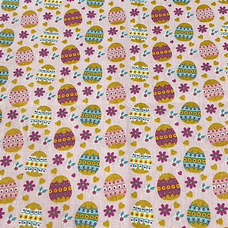 Tecido Tricoline Rosa Ovos de Páscoa 50cm x 150cm Ref V002 Peripan