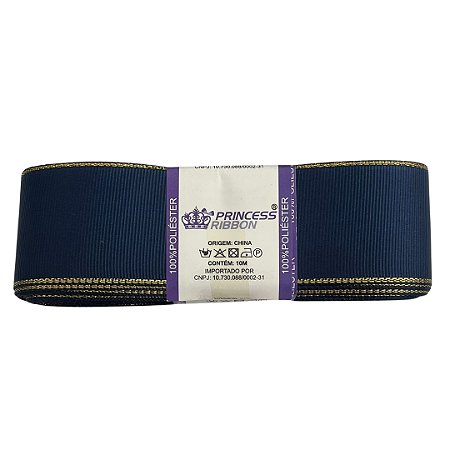 Fita de Gorgurão Marinho Com Borda Dourada 38mm Com 10 Metros Princess