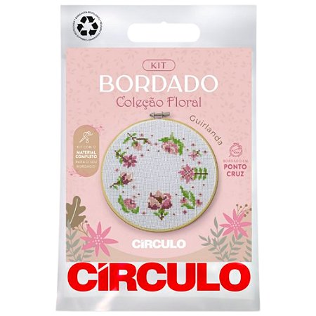 Kit Para Bordado Manual Coleção Floral Cor 0030 Guirlanda Círculo
