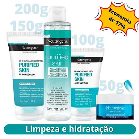 Kit - Purified Skin Neutrogena: Sabonete Gel Facial 150g + Água Micelar 7 em 1 200ml + Esfoliante Facial c/ Ácido Glicólico 100g + Hydro Boost C 50g