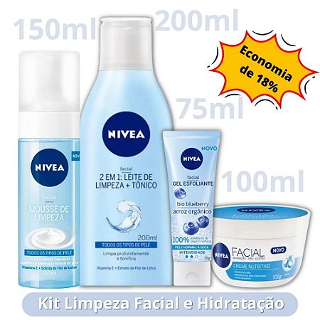 Kit - Nivea Facial Nutritivo _ Mouse de Limpeza + 2em1 Leite e Tônico + Esfoliante Blueberry + Creme Nutritivo