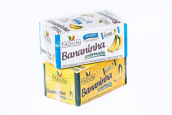 Kit 12 Displays, 6 Displays Bananinha Cremosa Faduni sem adição de açúcar e 6 Displays Bananinha Cremosa Faduni com açúcar