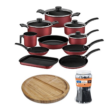 Kit jogo 10 panelas + Faqueiro 16 peças + Petisqueira Bambu