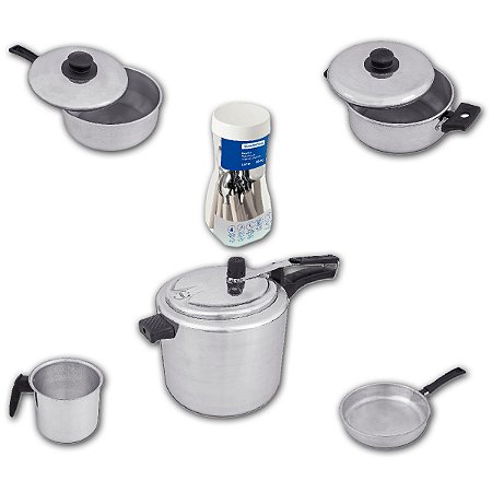 Kit Jogo 5 Panela Polida Panela Pressão e Faqueiro Inox 20pç Cinza