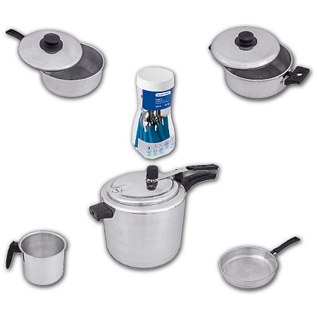 Kit Jogo 5 Panela Polida Panela Pressão e Faqueiro Inox 20pç Azul
