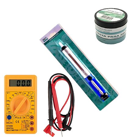 Kit Solda Multimetro, Sugador e pasta de solda 100mg