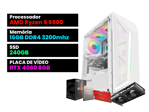 PC Gamer Branco Ryzen 5 5500 + RTX 4060 8GB + 16GB Ram + GB1733