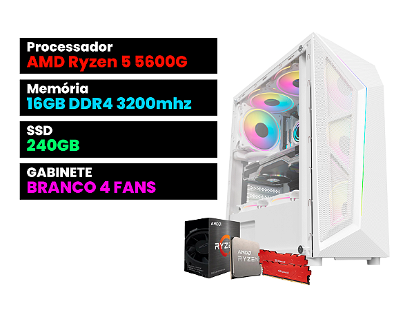 PC GAMER BRANCO RYZEN 5 5600G + 16GB RAM + SSD 240 + VEGA 7