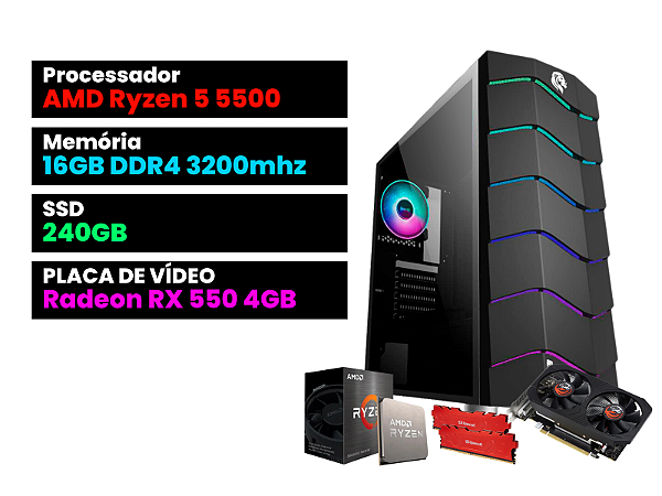 PC Gamer Ryzen 5 5500 + RX 550 4GB + 16GB Ram + GB1711