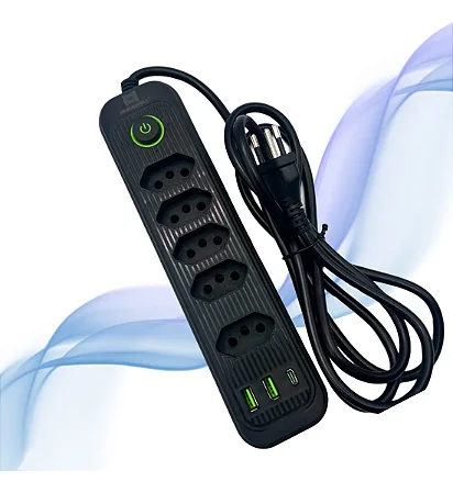 Extensão Elétrica 5 Tomadas 2 Usb 1 Tipo C Filtro De Linha Preto 127/220v
