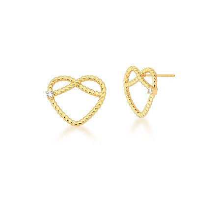 Brinco de Coração Trançado e Liso com Zircônia Banhado a Ouro 18k