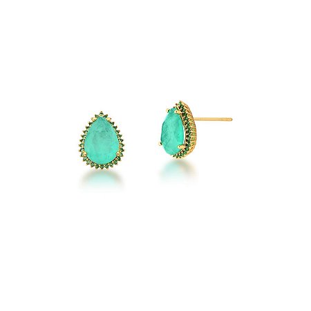 Brinco com Cristal de Gota Turmalina Fusion Verde Cravejado de Zircônia banhado a ouro 18k