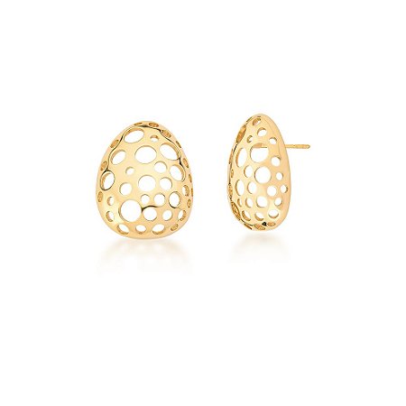 Brinco Oval Liso com Círculos Vazados Banhado a Ouro 18K