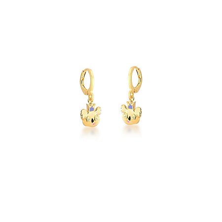 Argola Kids com Pingente de Coala Esmaltado Lilás Banhado a Ouro 18k