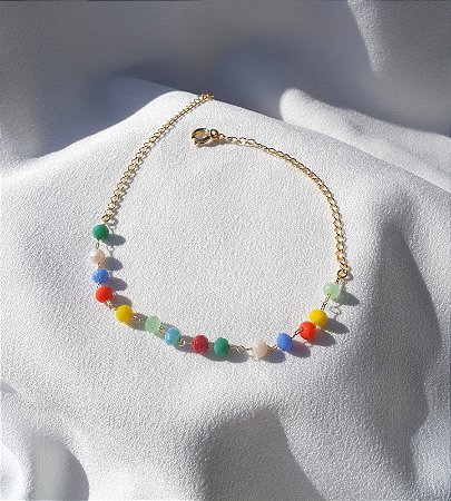 Tornozeleira com Cristais Coloridos Folheada a Ouro 18k