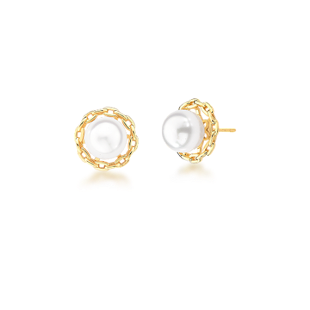 Brinco de Flor com Pérola Shell e Elos Lisos Banhado a Ouro 18k