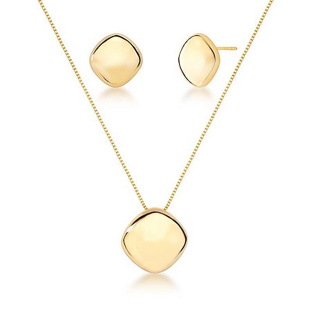 Conjunto Colar e Brinco Quadrado Liso Banhado a Ouro