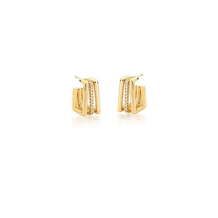 Argola Três Fileiras com Zircônias Brancas Banhada a Ouro