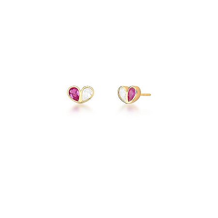 Conjunto Brinco e Colar de Coração Cristal Rosa e Transparente Banhado a Ouro