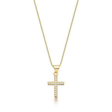 Colar com Pingente de Cruz Cravejado Banhado a Ouro