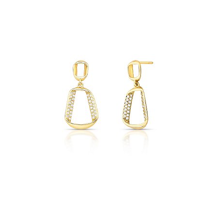 Brinco de Pêndulo Retangular com Zircônia Banhado a Ouro