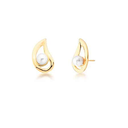 Brinco Ear Cuff de Gota Vazado com Pérola Shell Banhado a Ouro
