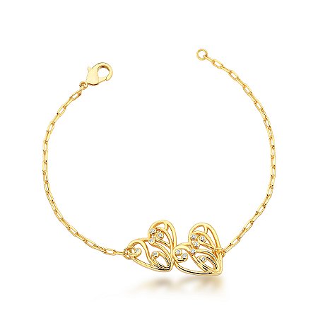 Pulseira de Corações Trabalhados com Zircônias Banhado a Ouro