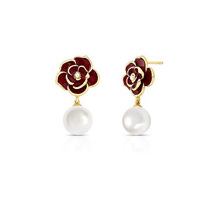 Brinco de Flor Esmaltado e com Pérola Banhado a Ouro