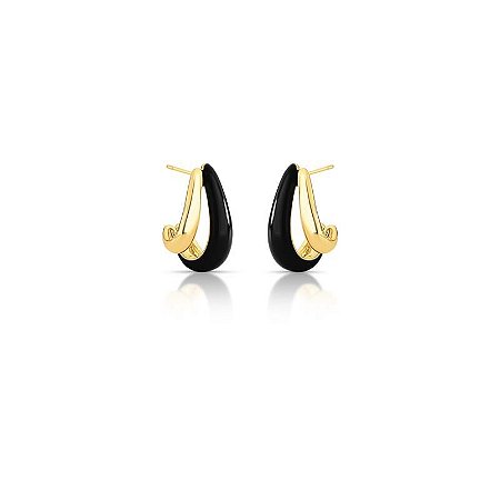Argola com Duas Voltas uma Lisa e a outra Esmaltada em Preto Banhada a Ouro