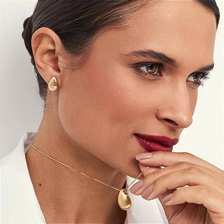 Conjunto Brinco e Colar Gota Acetinado Banhado a Ouro