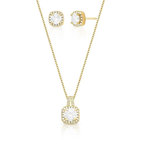Conjunto Brinco e Colar com Cristal e Zircônias Banhado a Ouro