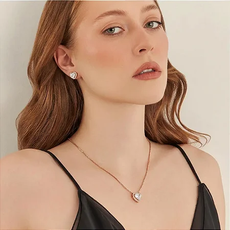 Conjunto Brinco e Colar Coração Cristal Banhado a Ouro