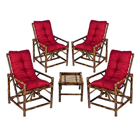 Jogo de 4 Cadeiras Mesa de Bambu Para Area Varanda Bambu Vermelha - Confort  Decor
