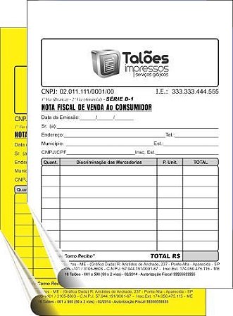 NOTA FISCAL VENDA AO CONSUMIDOR - 2 VIAS (Papel Comum)