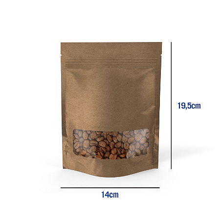 Saco Kraft Stand Up Pouch com Visor - Fecho Zip - 14 x 19.5