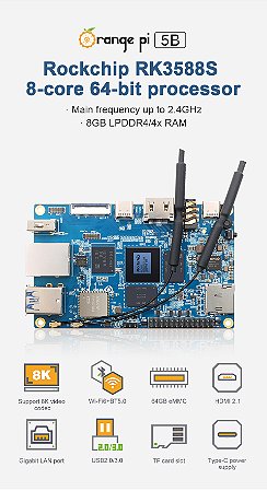 Orange Pi 5B 8GB RK3588S - 64GB EMMC - On-board WIFI + BT